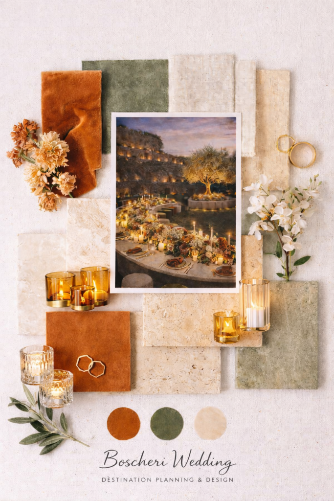Botanical wedding design moodboard inspired by nature, architecture and curated materials for a bespoke destination wedding in Italy.