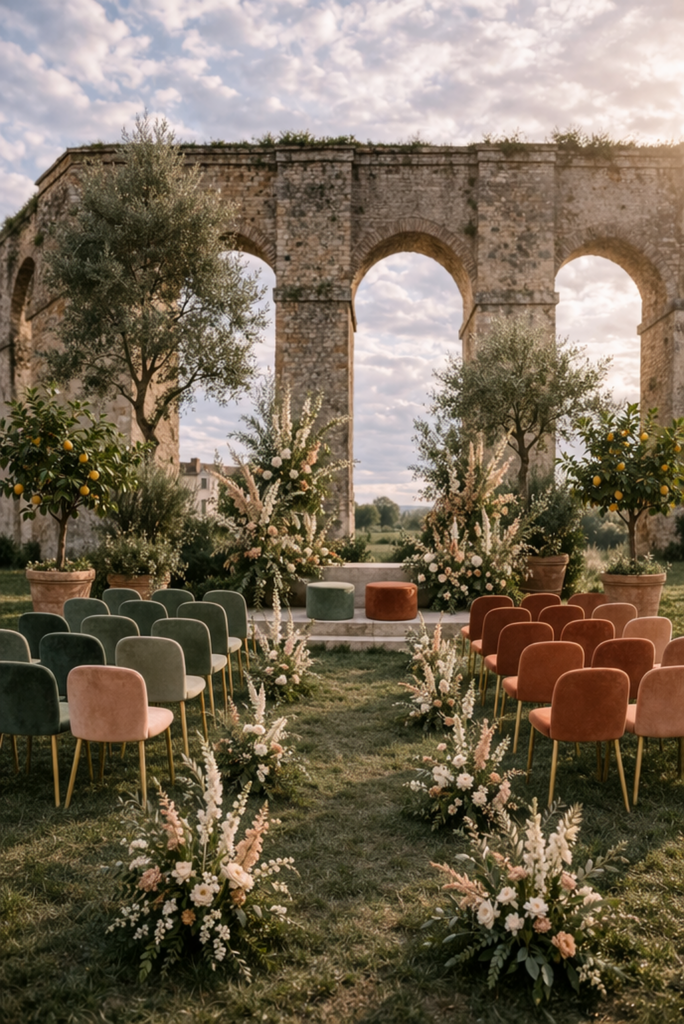 Wedding ceremony design concept in Italy where architecture, landscape and styling create a cohesive guest experience.